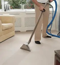 Professional carpet cleaner using a hot-water extraction wand and hose machine in a living room in Scottsdale, AZ.